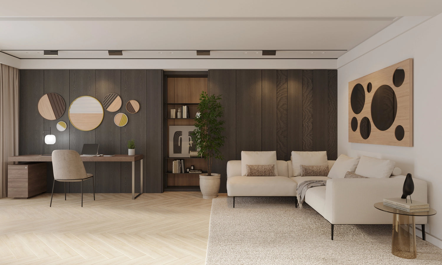 oak wood wall decor and wood wall mirror in a home office and living room