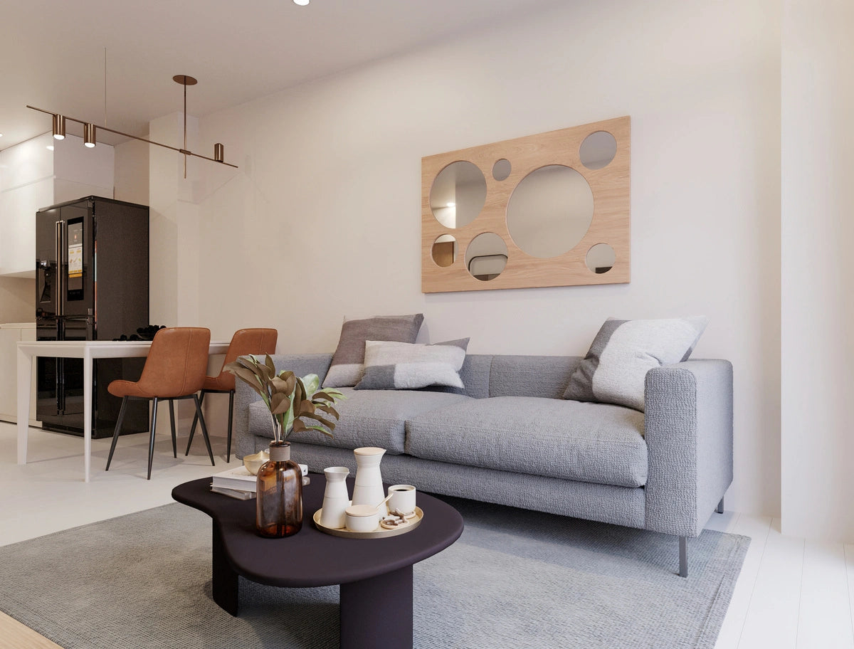 oak wood wall mirror in a casual living room