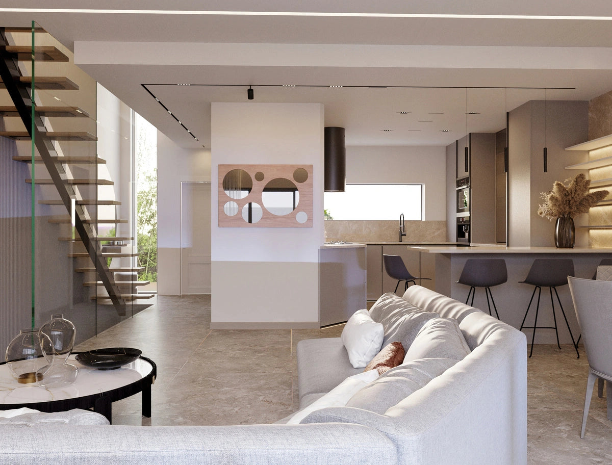 oak wood wall mirror in a living room and kitchen