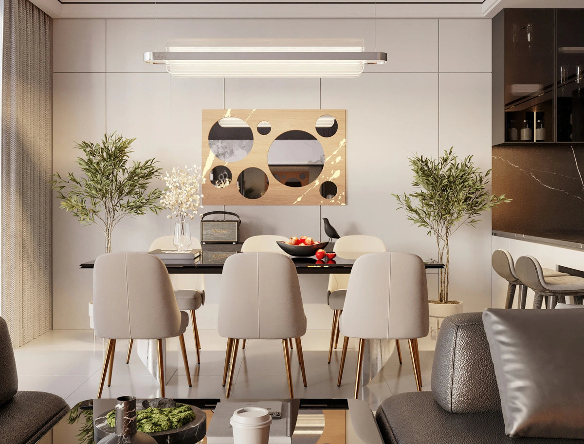 oak wood wall mirror with golden accents in a dining room