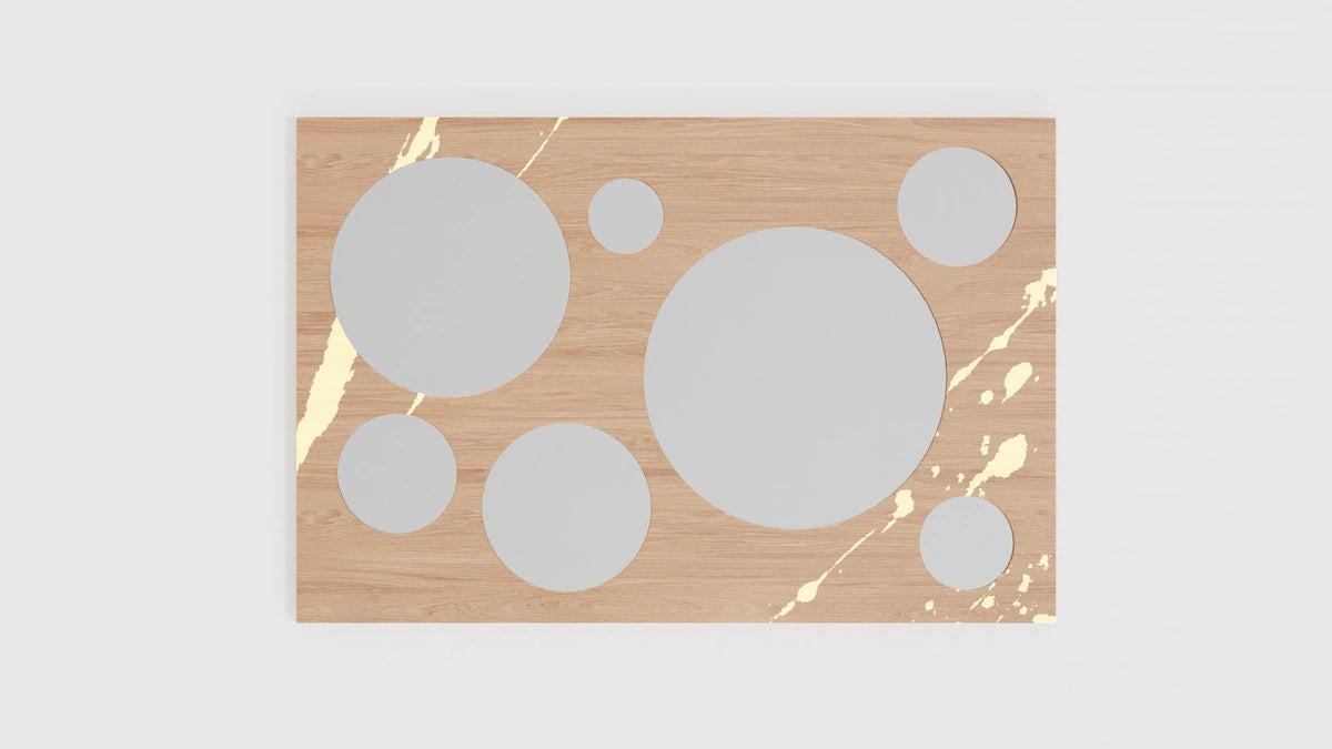 oak wood wall mirror with golden accents