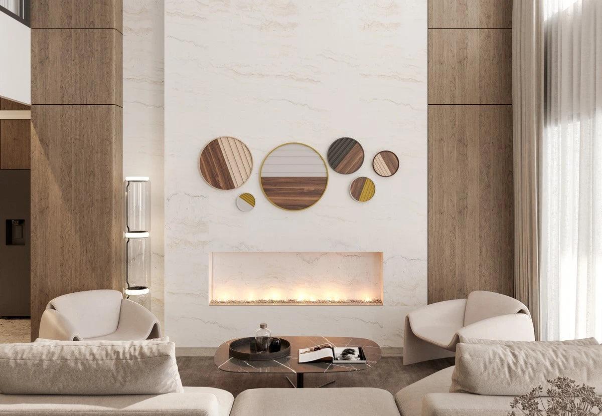 walnut wood wall decor in a big living room