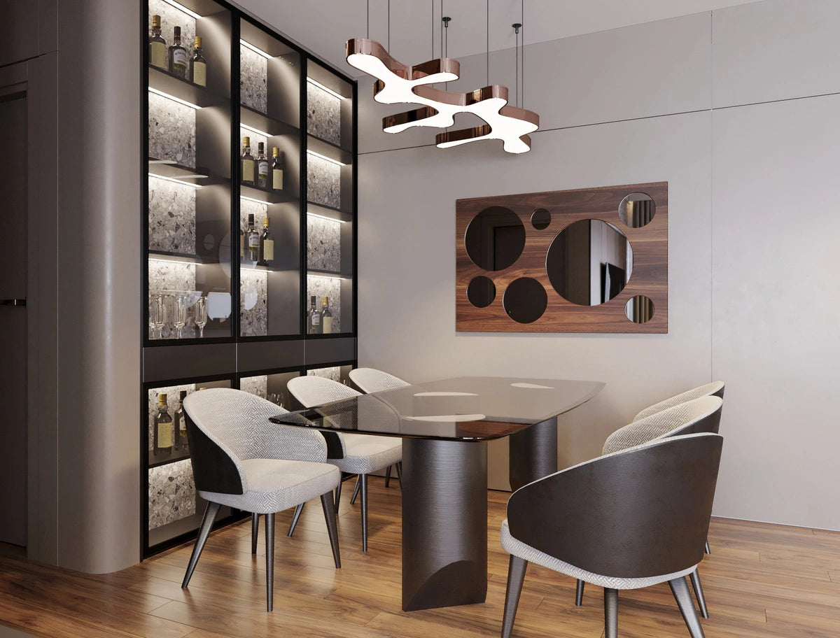 walnut wood wall mirror in a modern dining room