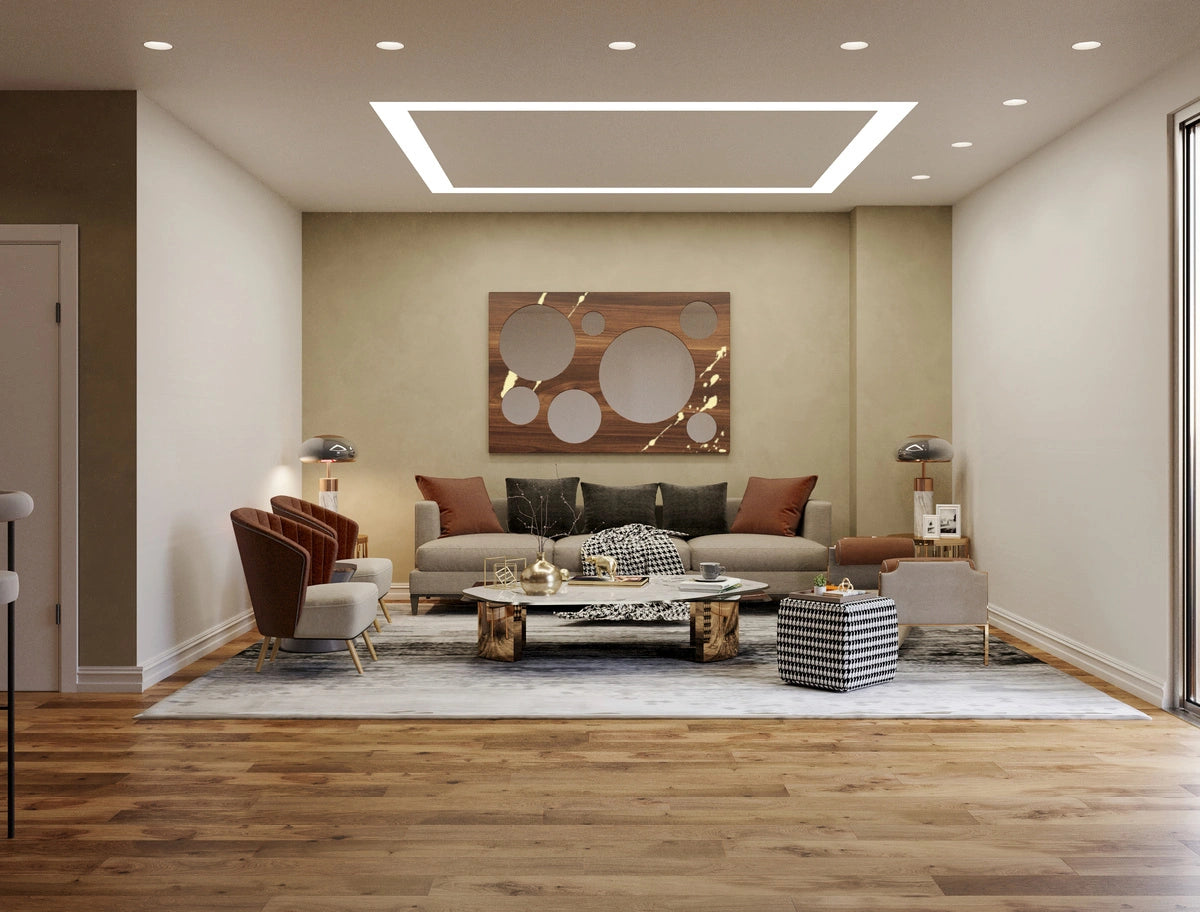 walnut wood wall mirror with golden accents in a cozy living room