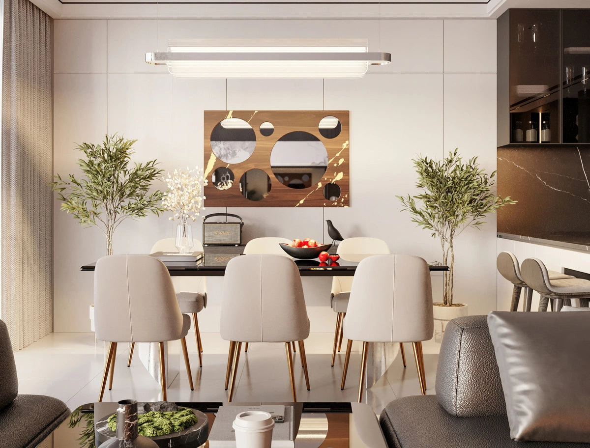 walnut wood wall mirror with golden accents in a dining room