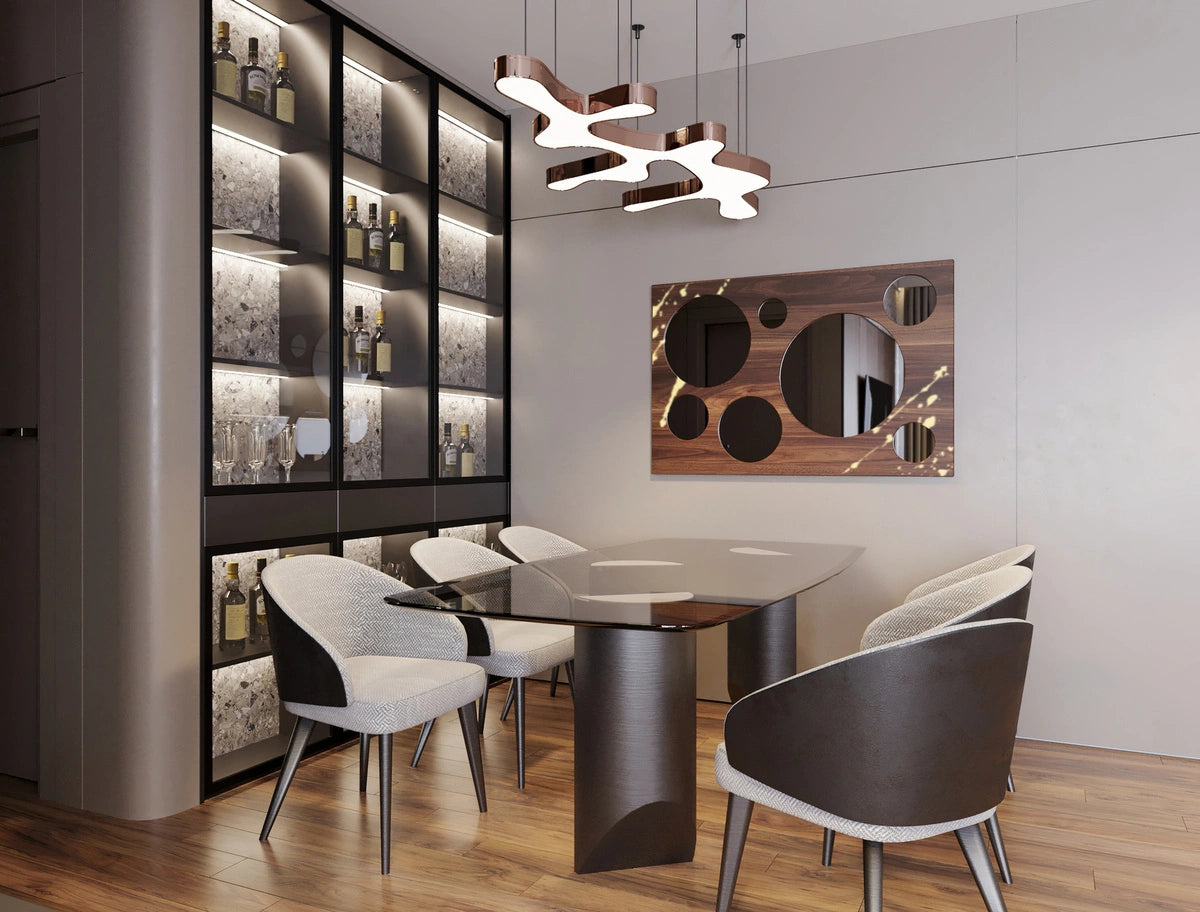 walnut wood wall mirror with golden accents in a modern dining room