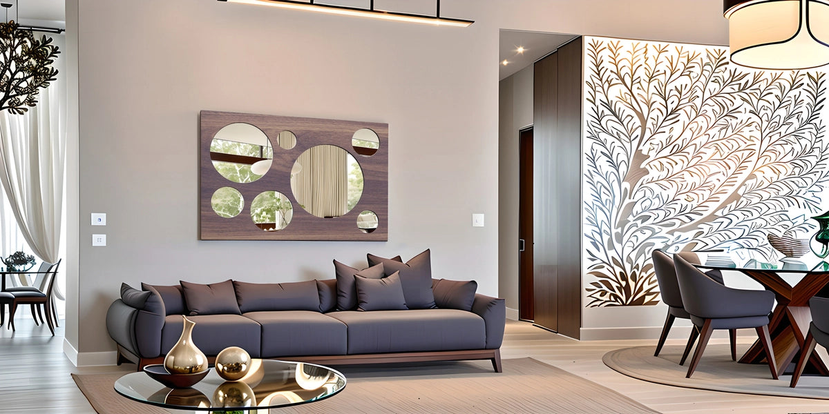 wood wall mirror in an open living room