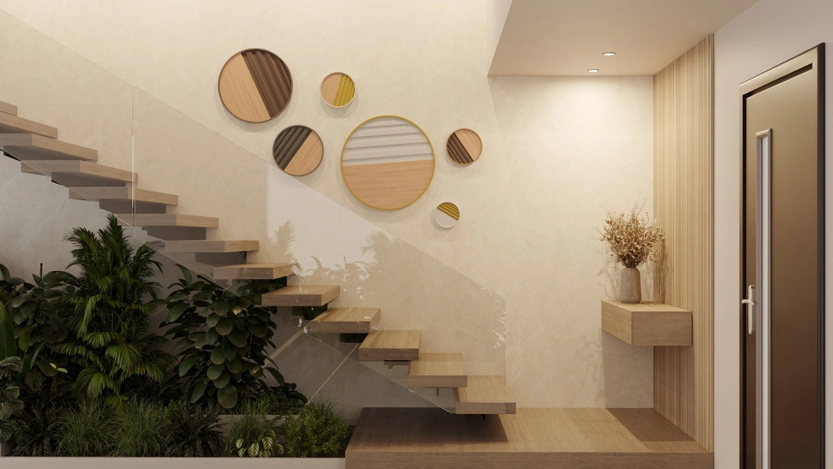 oak wood wall decor in a foyer with stairs
