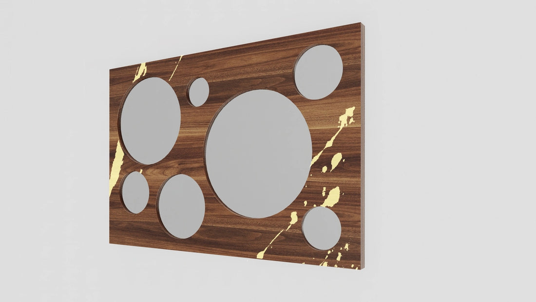 walnut wood wall mirror with golden accents