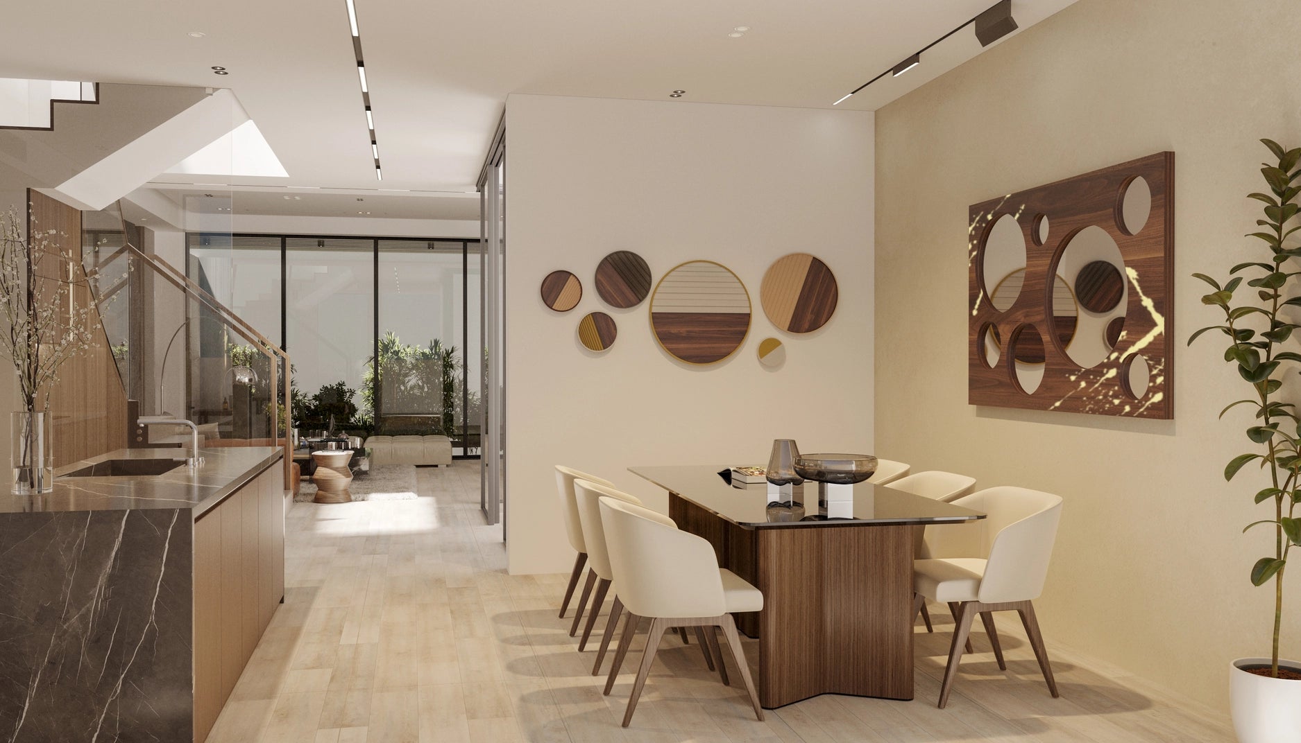 walnut wood wall decor and wood wall mirror with golden accents in a dining room