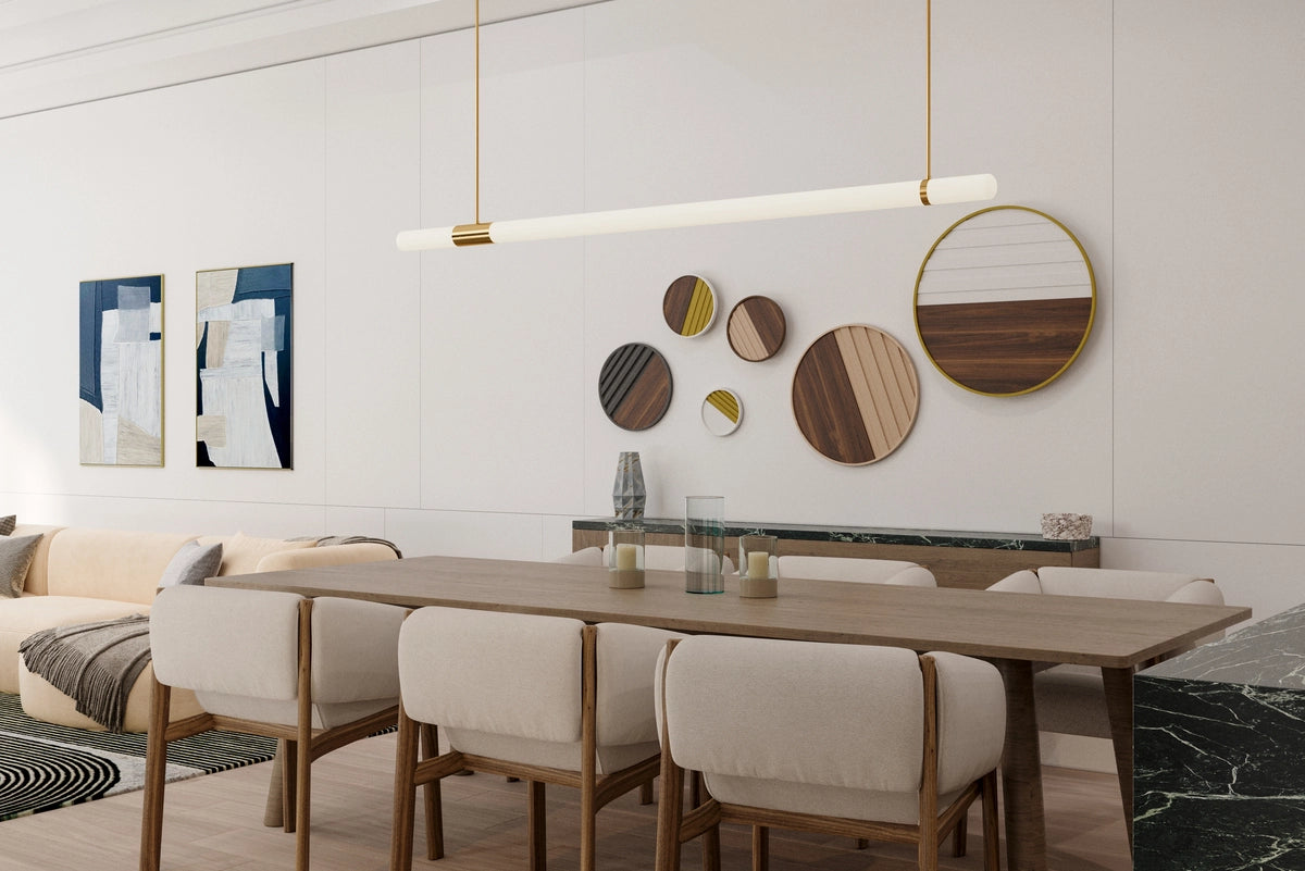 walnut wood wall decor floated in a casual dining room