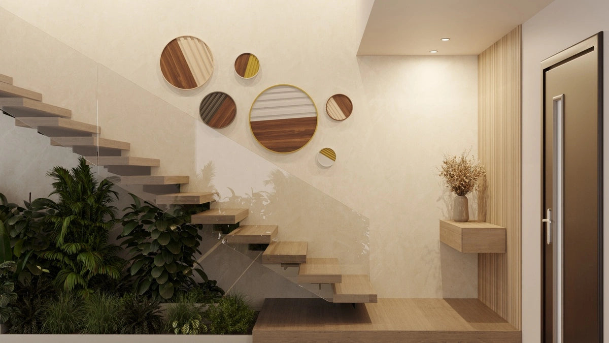 walnut wood wall decor in a foyer with stairs