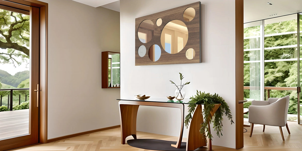 wood wall mirror in an open foyer